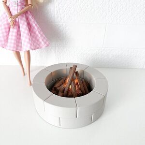 Beige Miniature Round Firepit W/Flickering Logs for Barbie 1:6 Scale Realistic